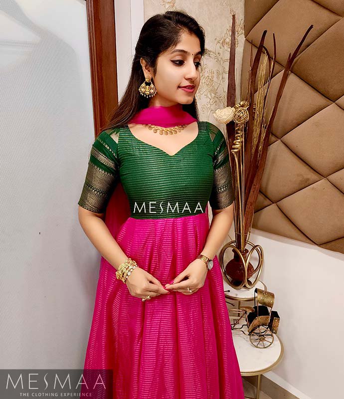 Pink bottle green floor length dress