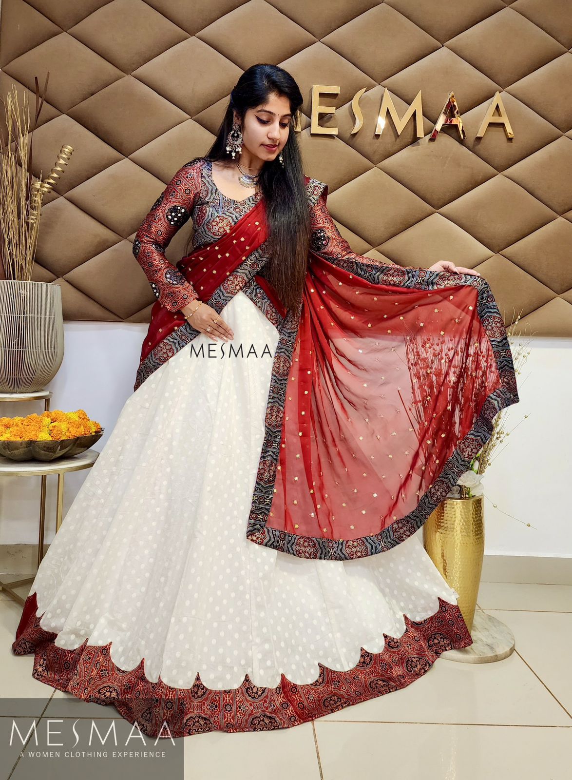 White brick red ajarkh lehenga