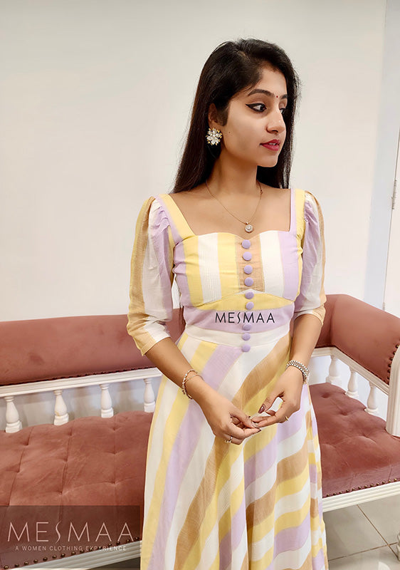 White yellow lilac striped dress