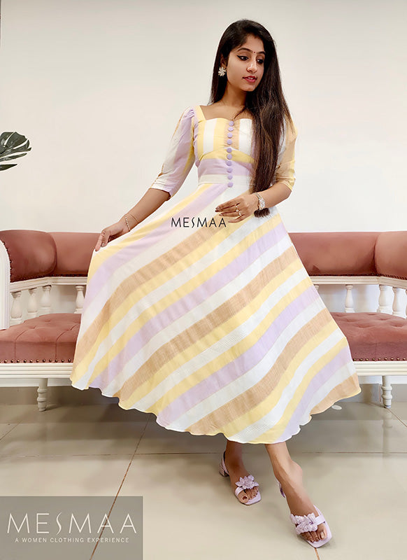 White yellow lilac striped dress