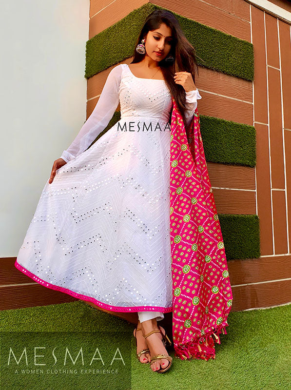 White pink mirror anarkali