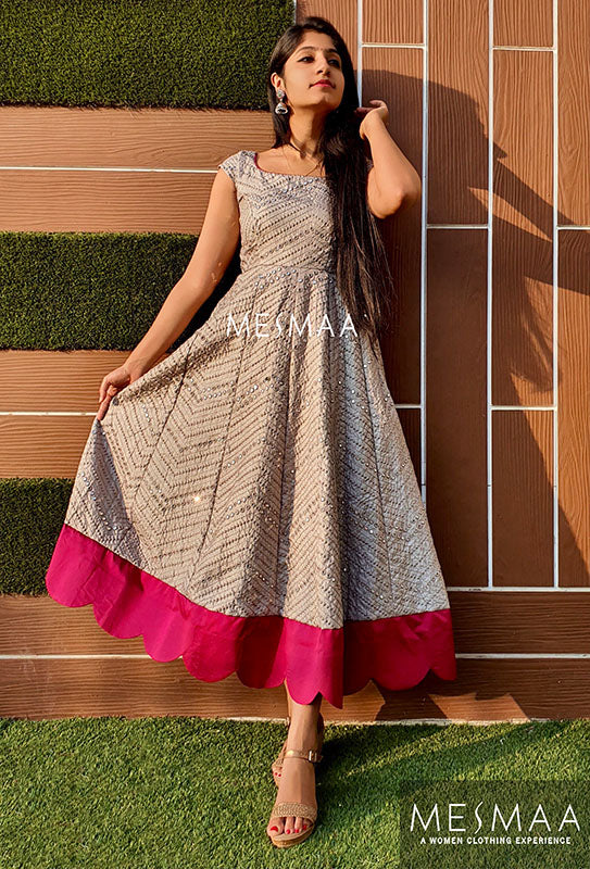 Grey purple mirror worked anarkali