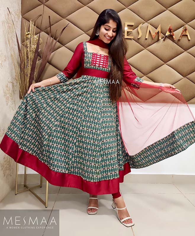 Greyish green dark red anarkali
