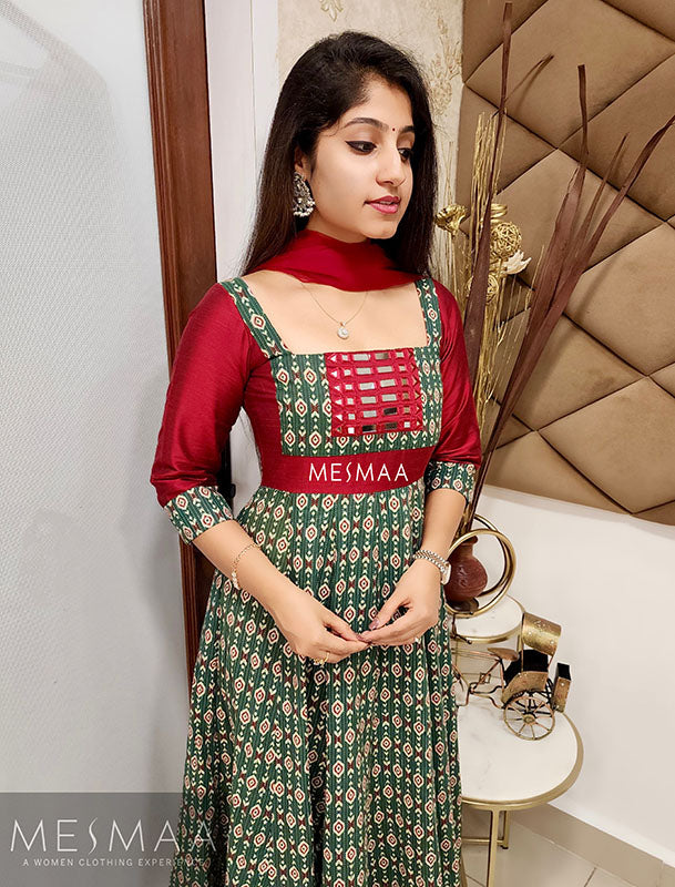 Greyish green dark red anarkali
