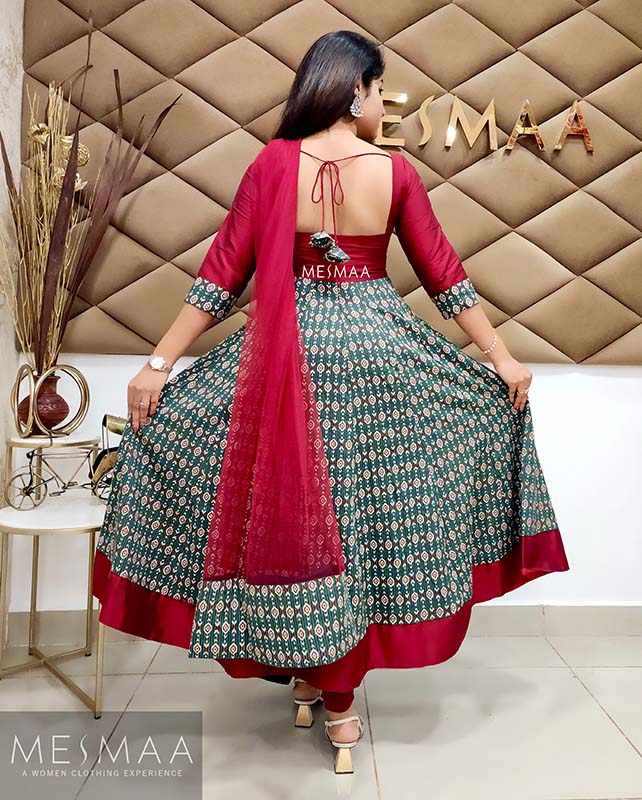 Greyish green dark red anarkali