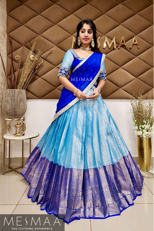 Royal blue sky blue bridal half saree
