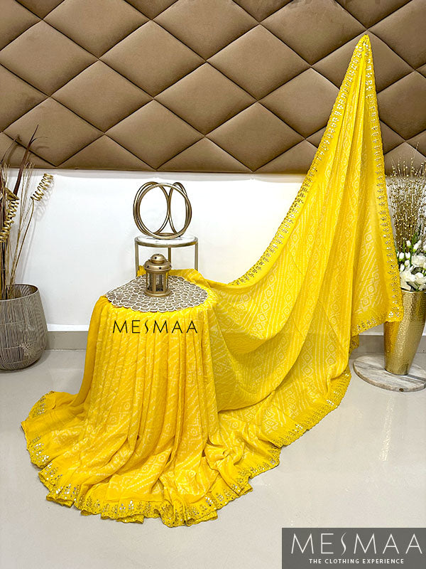 pure chinnon bandhani print with mirror work saree