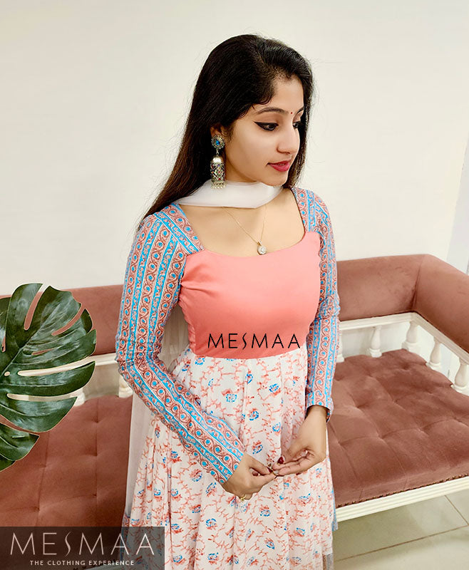 White peach blue flared anarkali