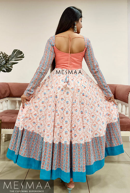 White peach blue flared anarkali