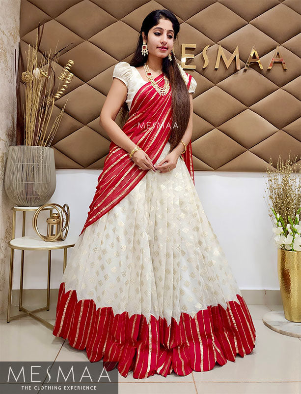 Creamy white crimson red half saree