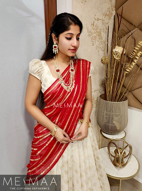 Creamy white crimson red half saree