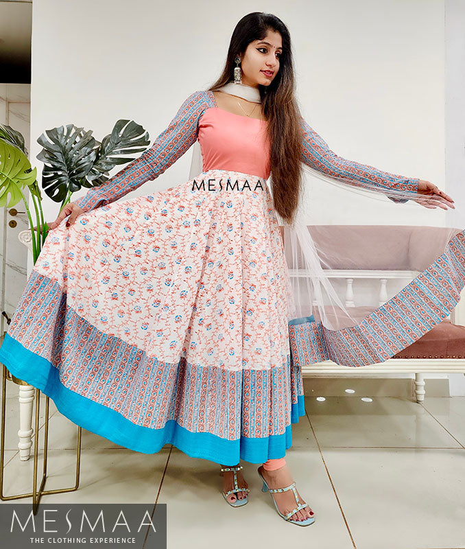 White peach blue flared anarkali