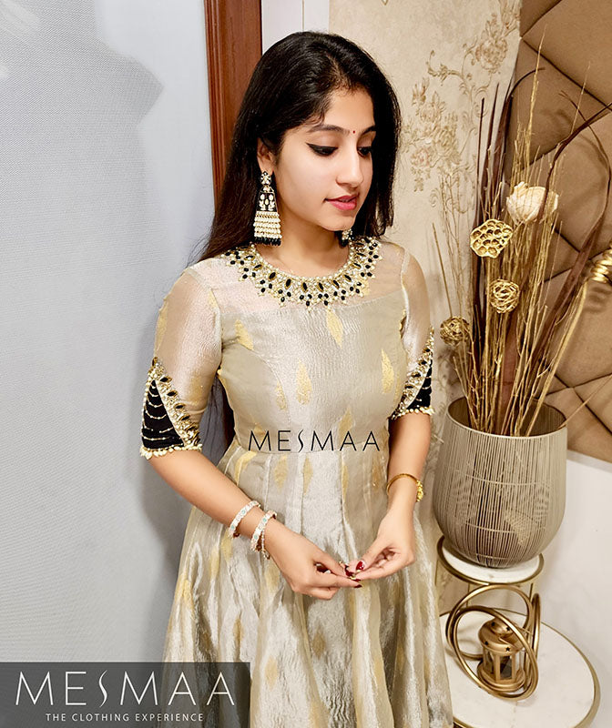 Silver black tissue anarkali