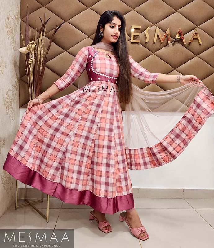 Pink peach check anarkali