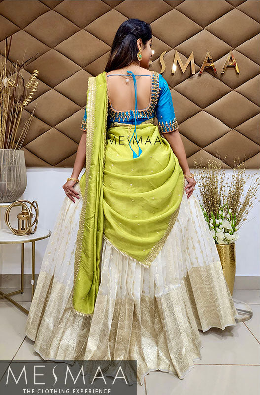 Creamy white Blue green half saree
