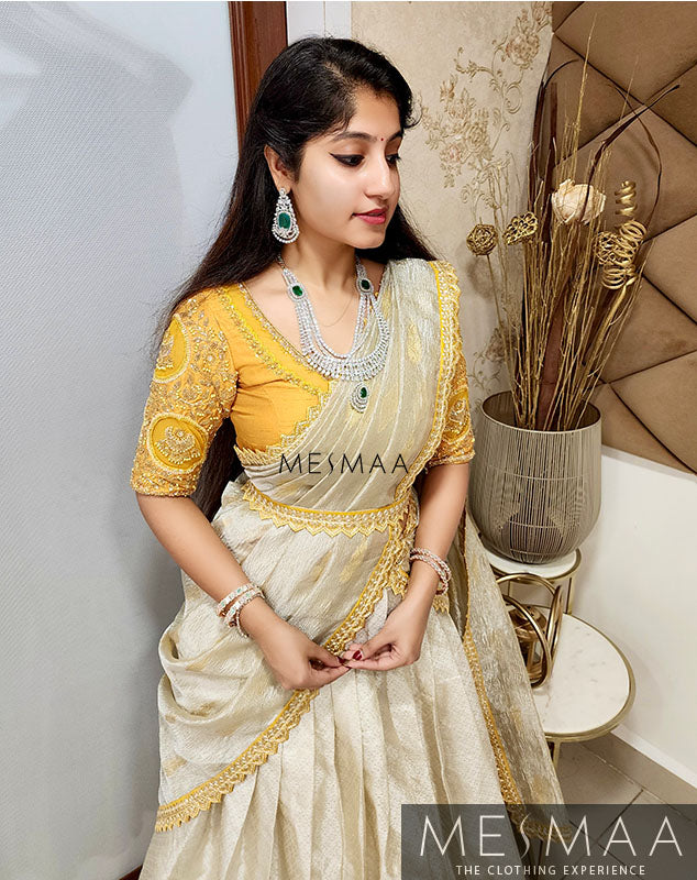 Yellow silvery white bridal half saree