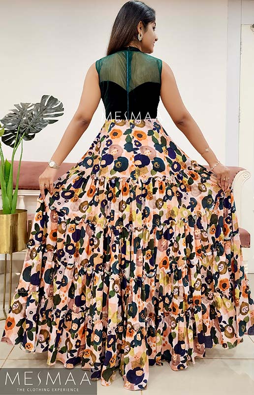 Bottle green peach floral gown