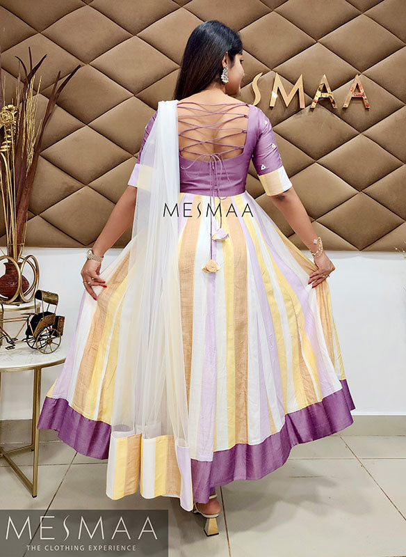 Lavender white yellow striped anarkali