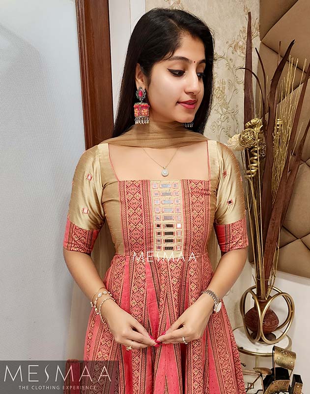 Coral pink gold striped anarkali