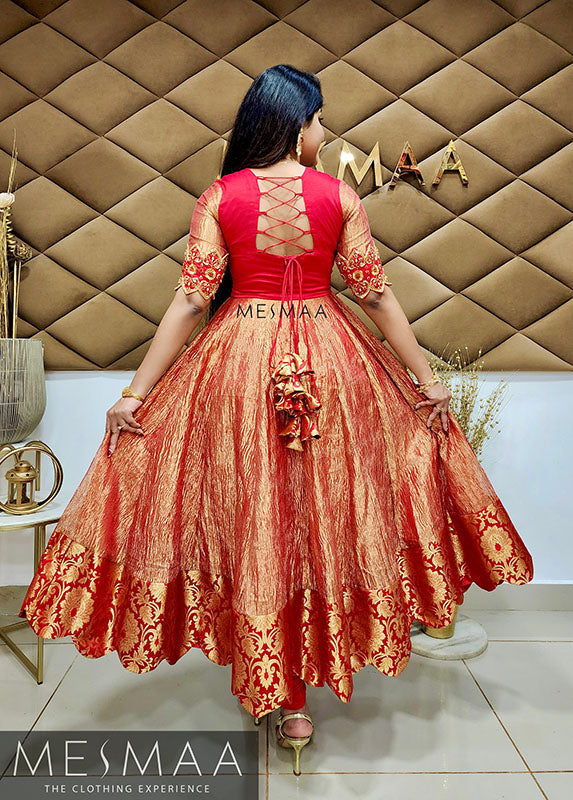 Red gold tissue anarkali – Mesmaa - Main Image