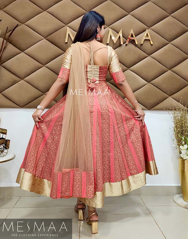 Coral pink gold striped anarkali
