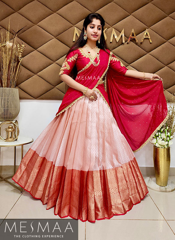 Crimson red peach bridal half saree