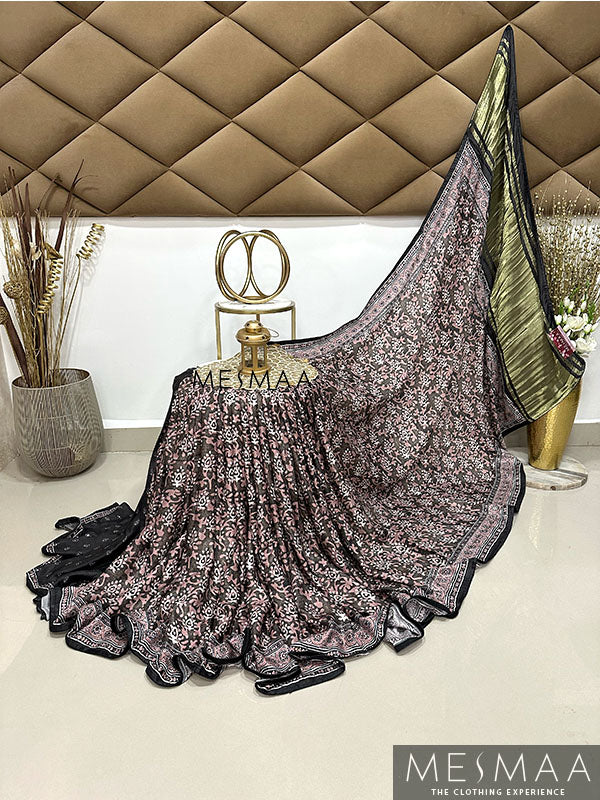 Batik print mirror work saree