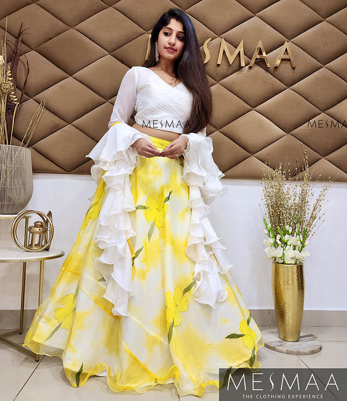 Yellow white floral lehenga