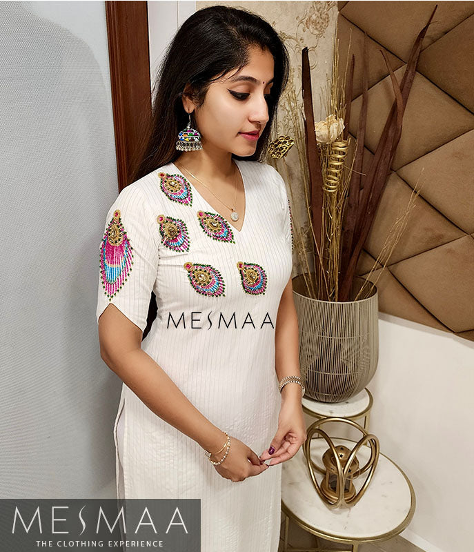 White peacock feather Kurti