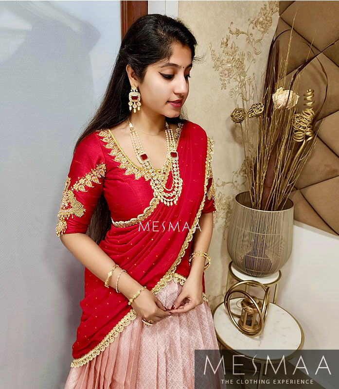 Crimson red peach bridal half saree