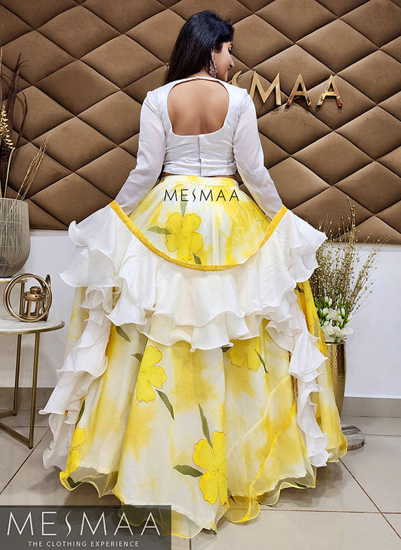 Yellow white floral lehenga