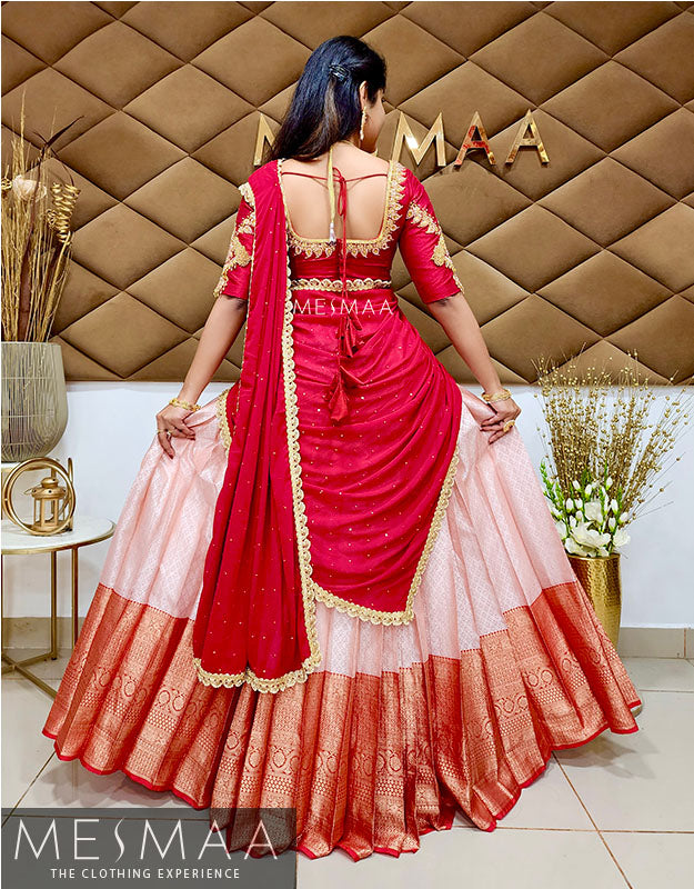 Crimson red peach bridal half saree
