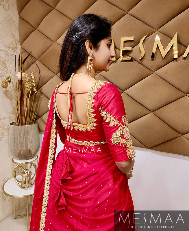 Crimson red peach bridal half saree