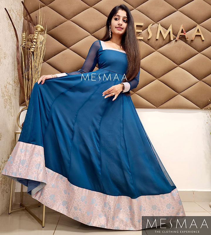 Peacock blue blush pink saree gown