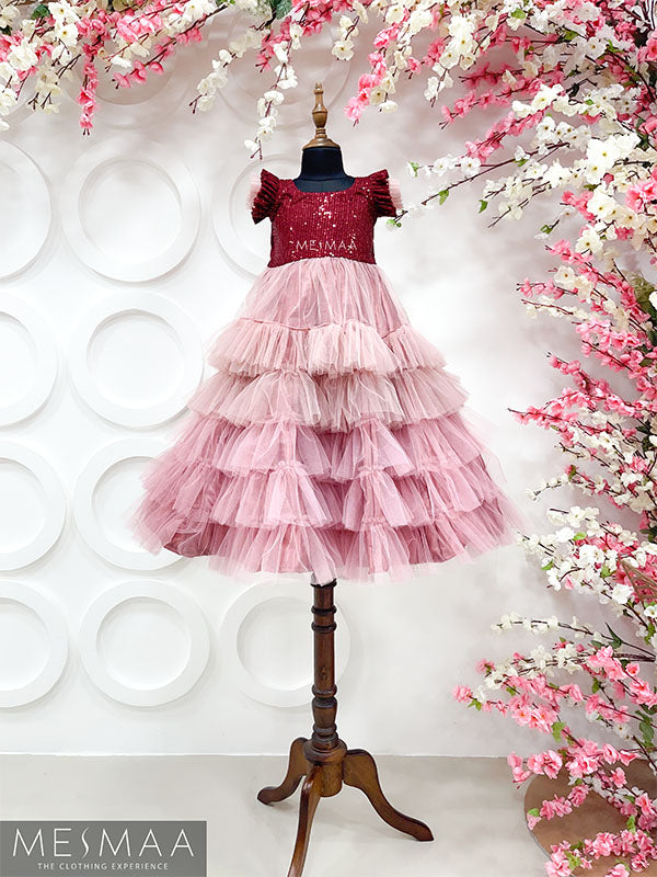 Maroon pastel pink layered kids gown