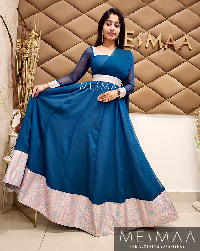 Peacock blue blush pink saree gown