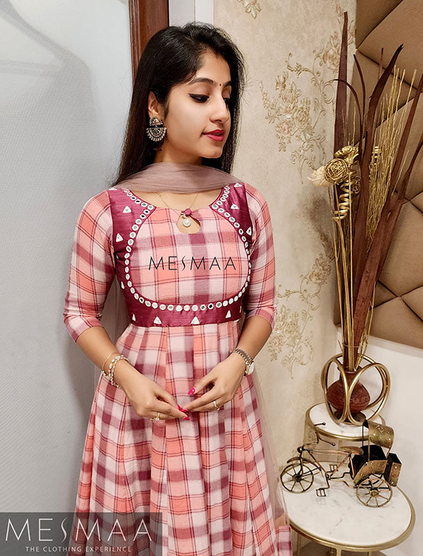Pink peach check anarkali