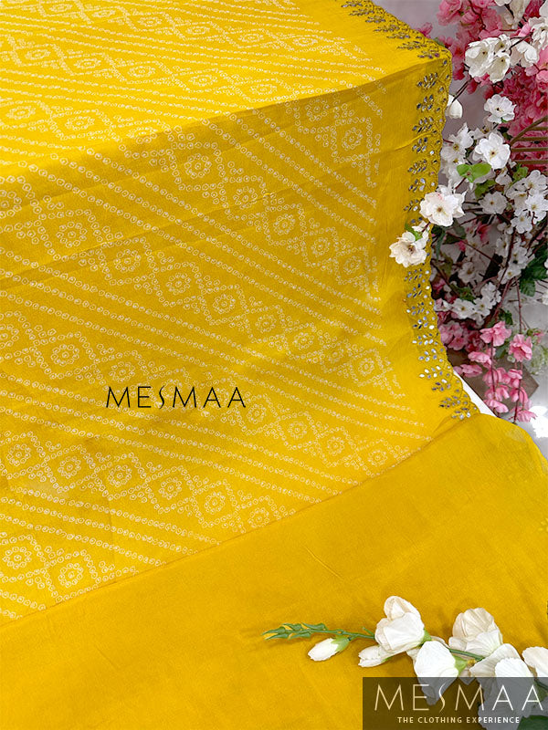 pure chinnon bandhani print with mirror work saree