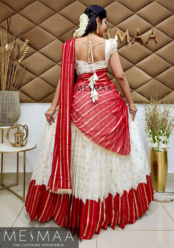 Creamy white crimson red half saree