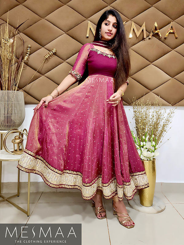 Burgundy tissue anarkali