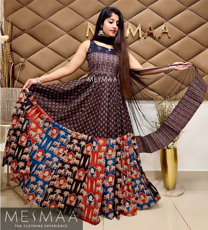 Black brick red indigo floor length dress