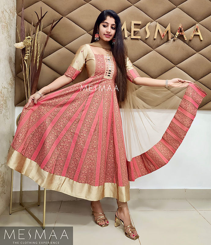 Coral pink gold striped anarkali
