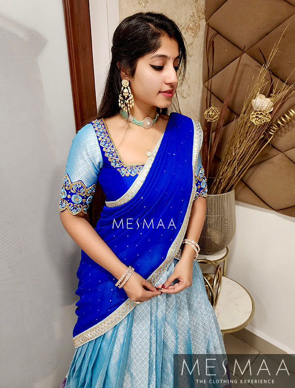Royal blue sky blue bridal half saree