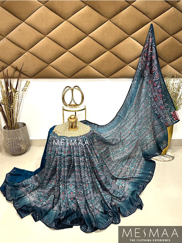 Ajarkh print mirror work saree