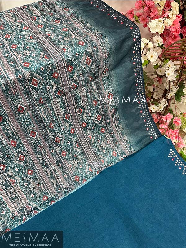 Ajarkh print mirror work saree