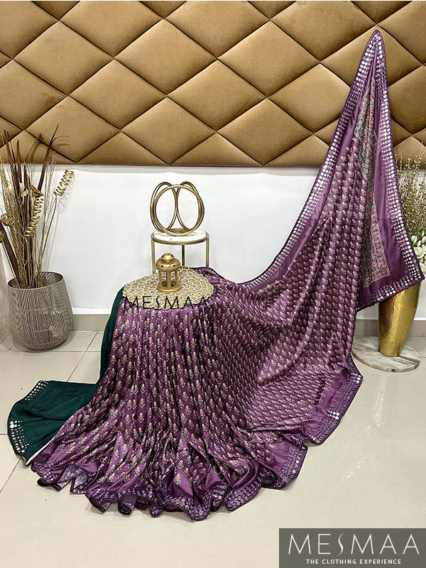 Ajarkh print mirror work saree