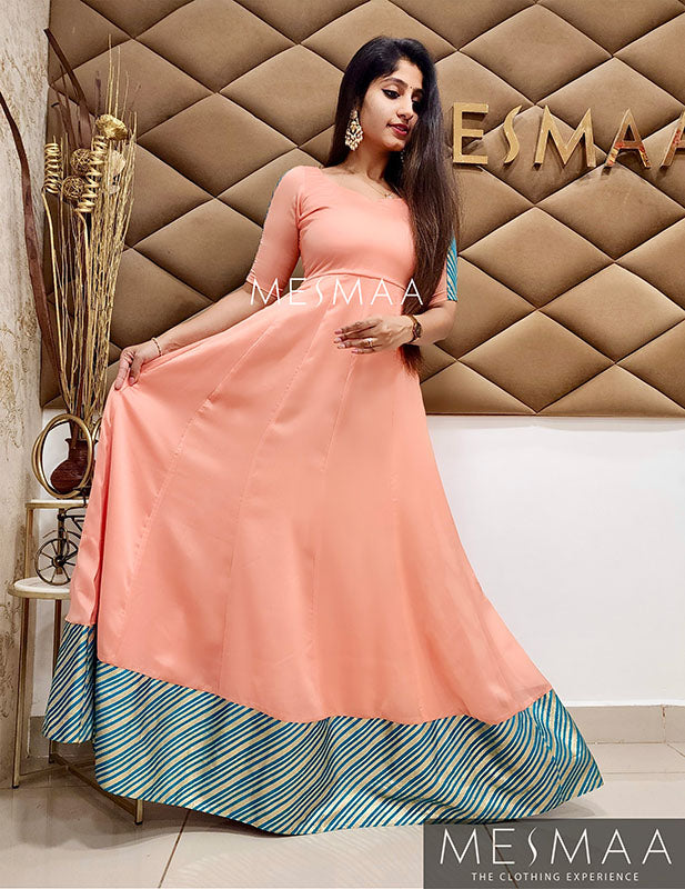 Peach copper sulphate blue saree gown