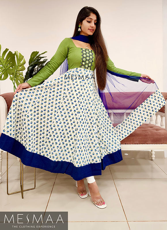Olive green white navy blue anarkali
