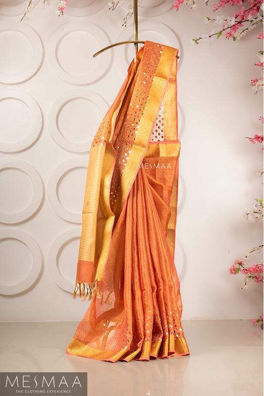 Mirror embroidery semi tissue sarees