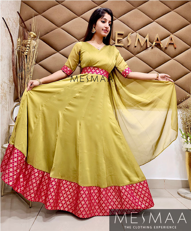 Olive green reddish pink saree gown